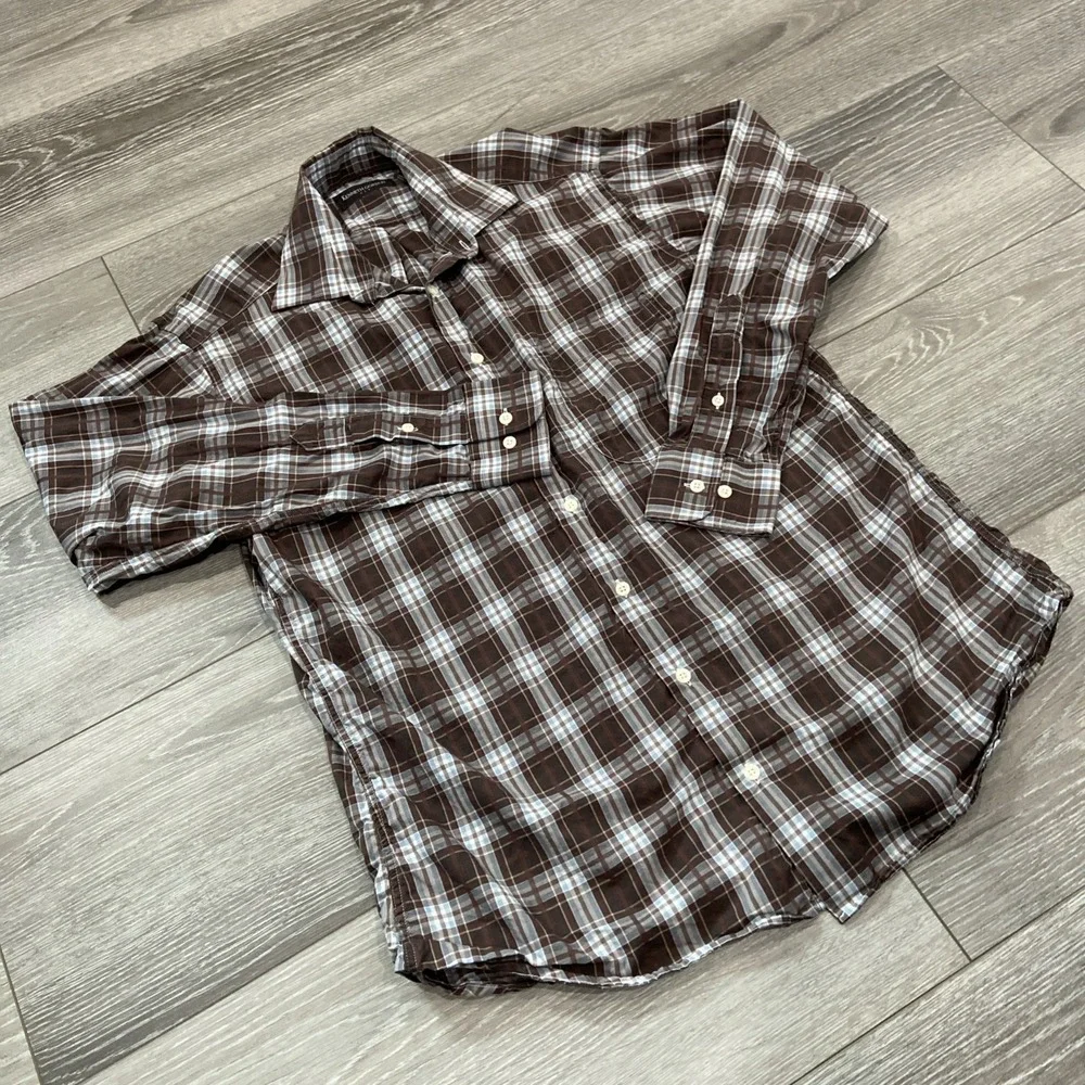 Vintage Kenneth Gordon Plaid‎ Button Down Shirt Men Size M Brown Blue USA Made